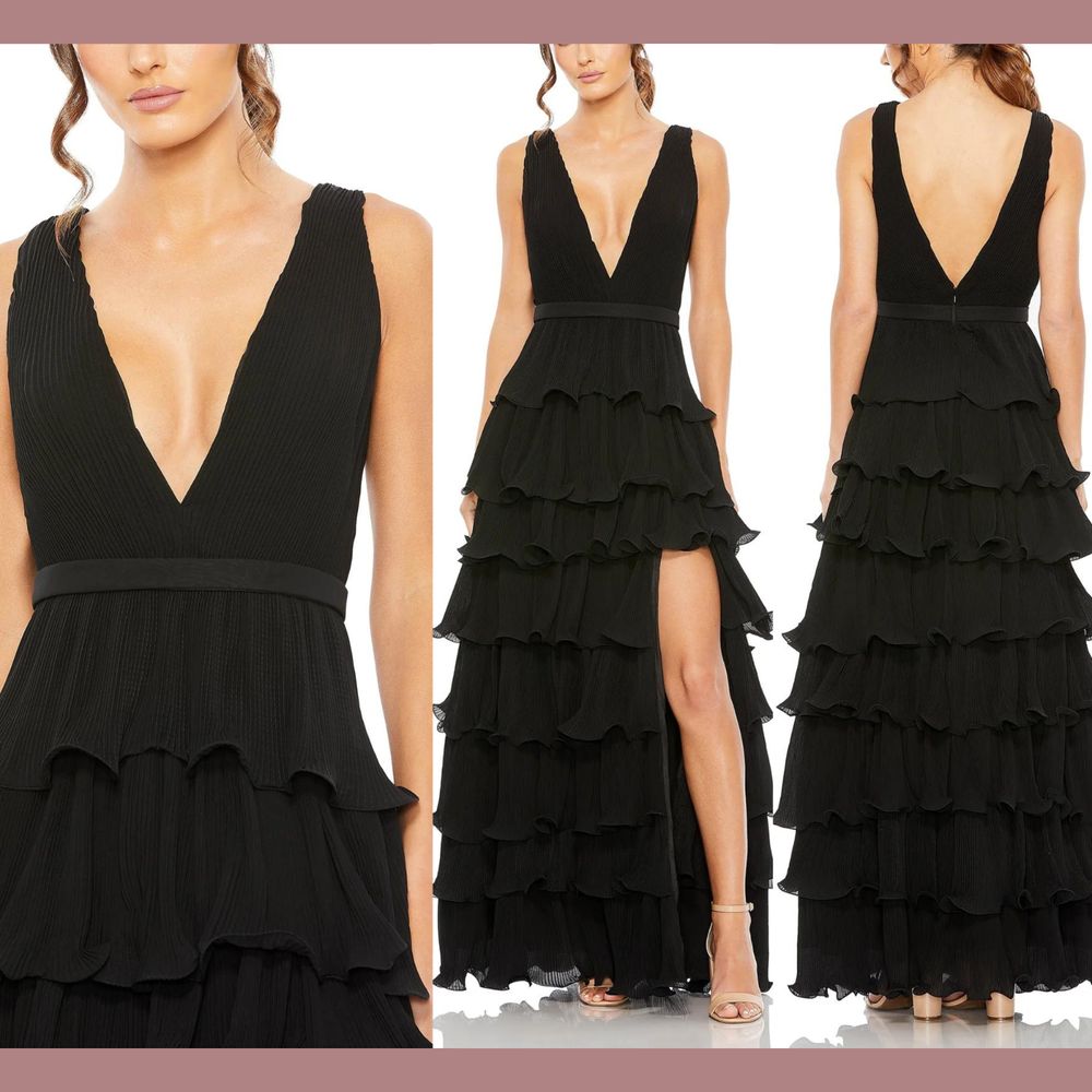 Nwt $458 Ieena Mac Duggal [ 4 ] Sleeveless Ruffle Tiered V Neck Gown Black Q825